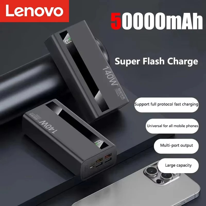 Lenovo 500000mah 140w Outdoor Large Capacity Power Bank Fast Charging External Spare Battery With Led Light Universal Multi New