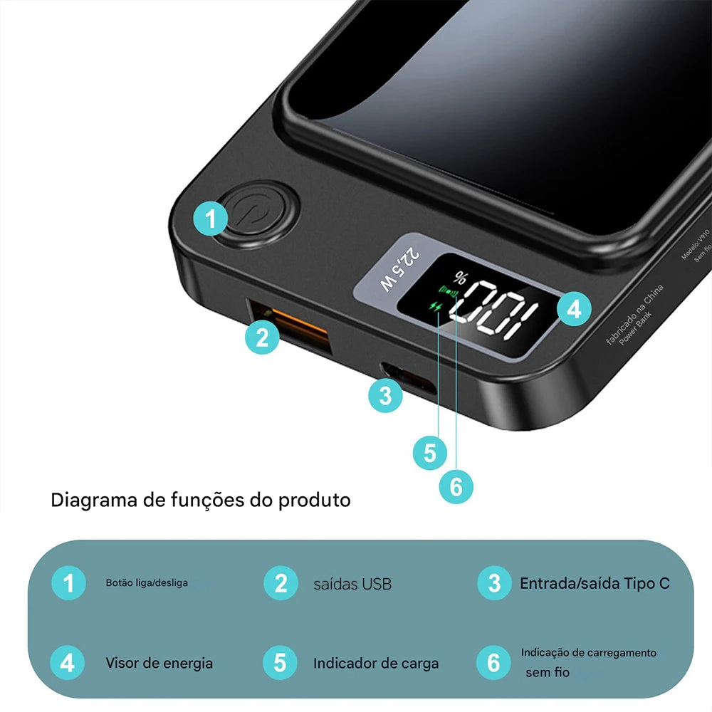 Power Bank 10000mAh Com Base Magnética E Display Digital Carregamento Sem Fio Para Celular Viagem