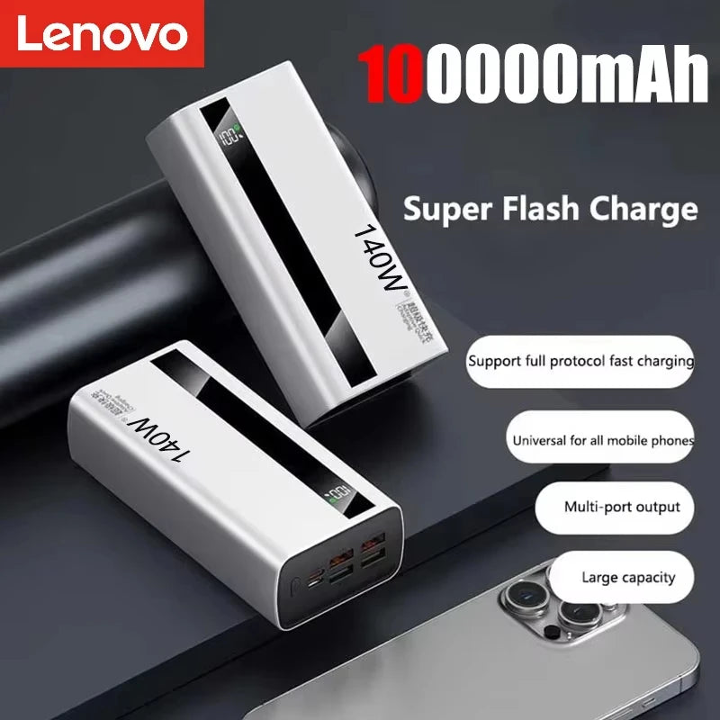 Lenovo 500000mah 140w Outdoor Large Capacity Power Bank Fast Charging External Spare Battery With Led Light Universal Multi New