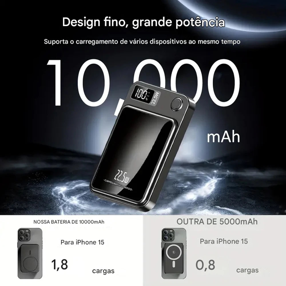 Power Bank 10000mAh Com Base Magnética E Display Digital Carregamento Sem Fio Para Celular Viagem